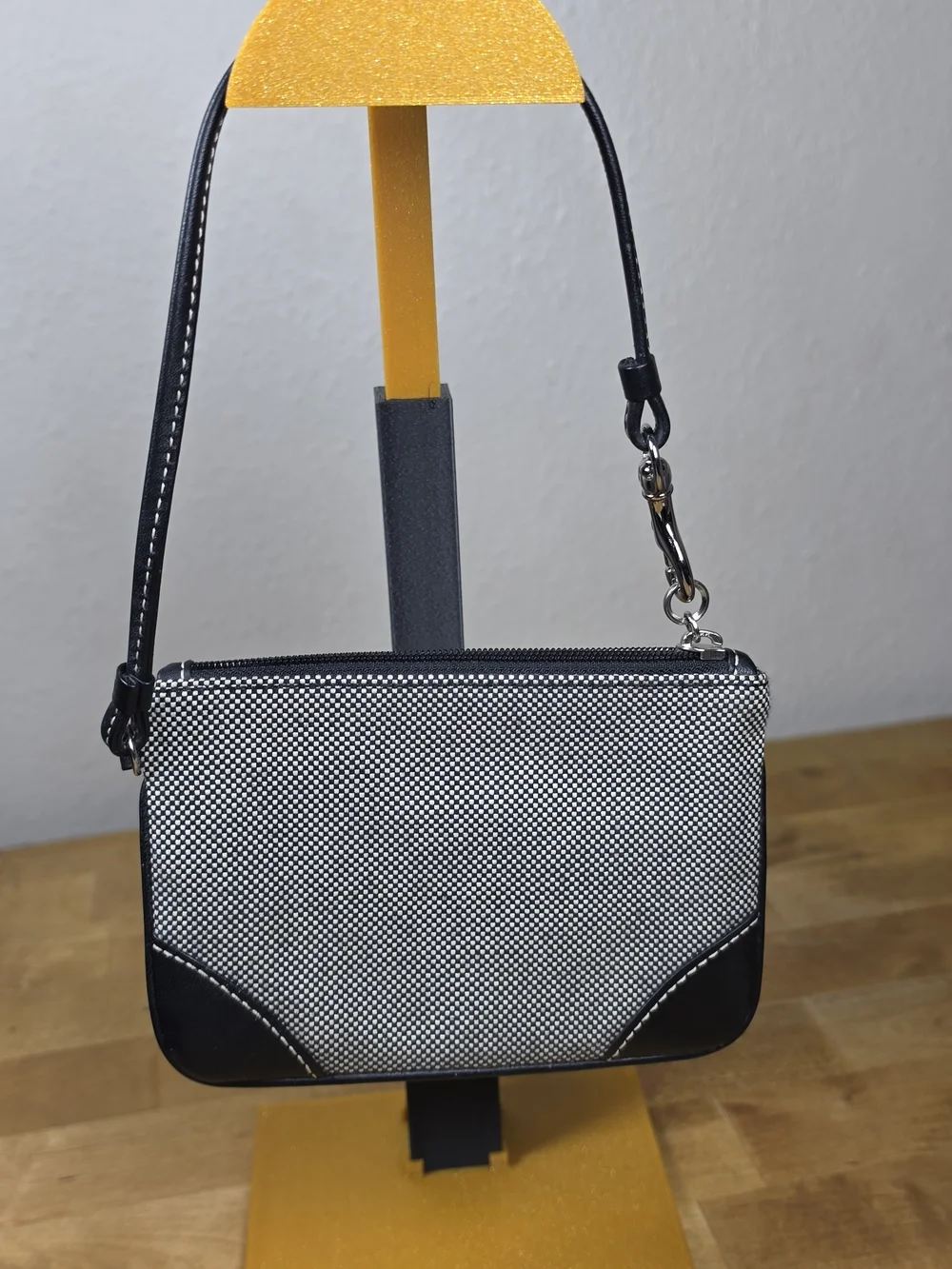 Coach Black White Check Fabric Leather Trim Small Wristlet Pouch Womens